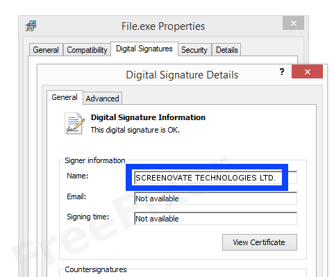 Screenshot of the SCREENOVATE TECHNOLOGIES LTD. certificate